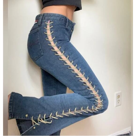 Mudd. Yo! 90s Dark Wash Side Lace Up Jeans Flare Mid Low Rise Stretch Denim Sz 3 - Picture 1 of 8
